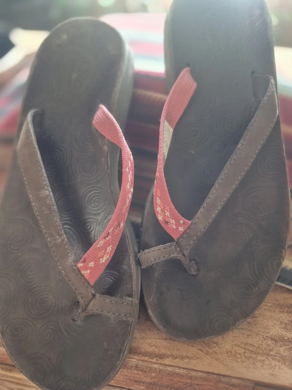 Chaco Brown Flip Flop Sandals with Red Straps
